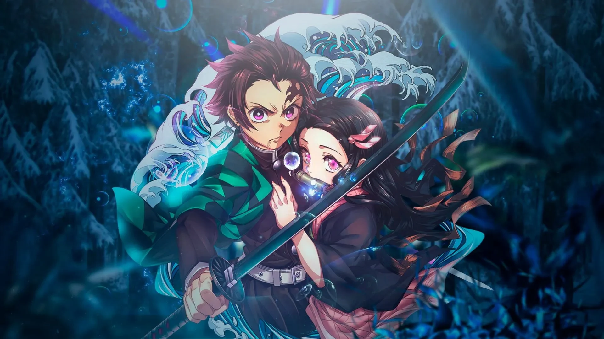 Tanjiro et Nezuko Kamado entourés par le souffle de l’eau